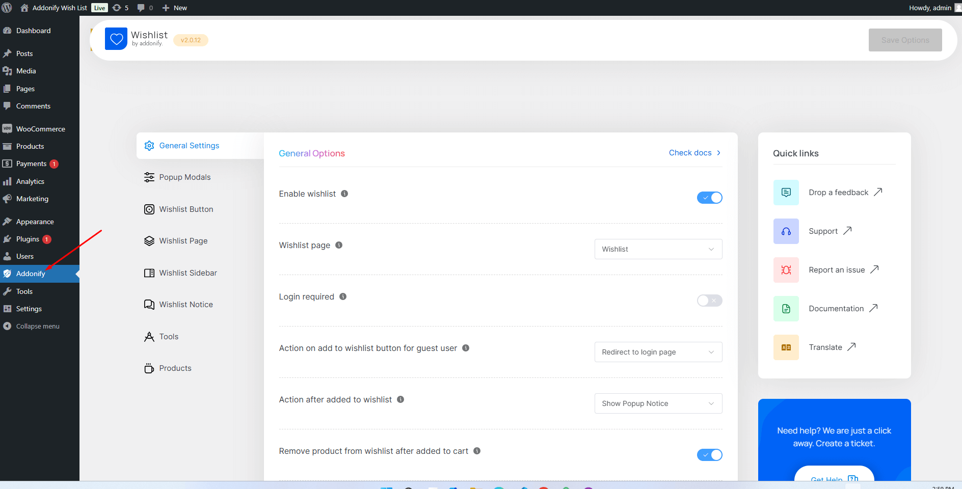 Access plugin settings page